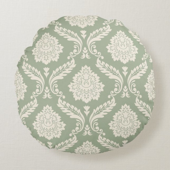Coussins Ronds Rococo Damassé Grand Motif Crème sur Vert (Devant)