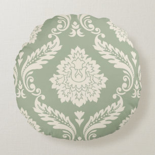 Coussins Ronds Rococo Damassé Grand Motif Crème sur Vert