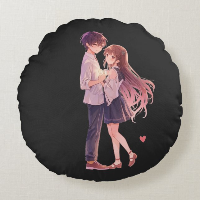 Coussins Ronds Romantic Anime Couple - Cute Aesthetic Lovers Art  (Devant)