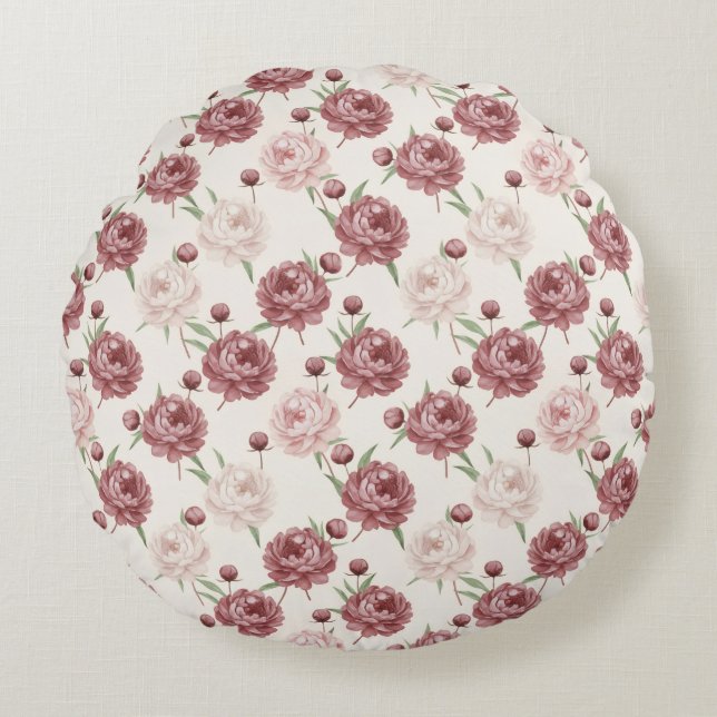 Coussins Ronds Romantic Blush & Burgundy Peony Floral Pattern (Devant)