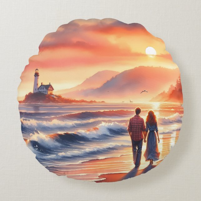 Coussins Ronds Romantic Coastal Sunset Lighthouse Walk (Devant)