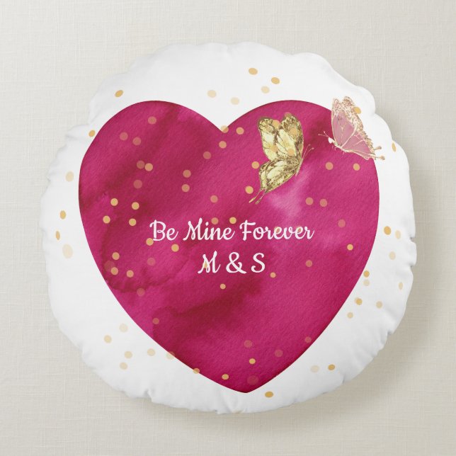 Coussins Ronds Romantic Pink Watercolor Heart & Gold Butterfly  (Devant)