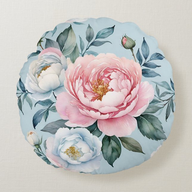 Coussins Ronds Romantique Bleu Bleu rose pivoine Floral (Devant)