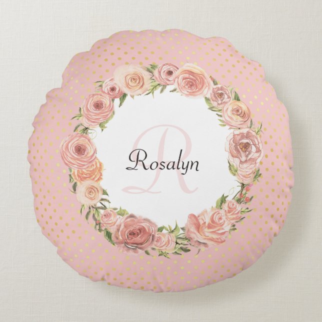 Coussins Ronds Romantique rose pointillé Rose Floral Nom Monogram (Devant)