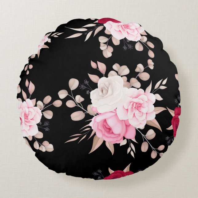 Coussins Ronds rose, blanc floral noir sol (Devant)