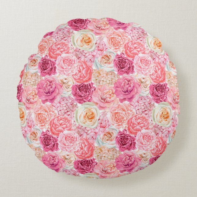 Coussins Ronds Rose Blanc Rosé Magenta Floral Fleurs  (Devant)