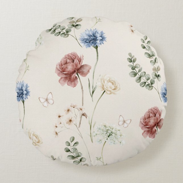Coussins Ronds Rose Bourgogne Fleurs Blanches Bleues Papillon (Devant)