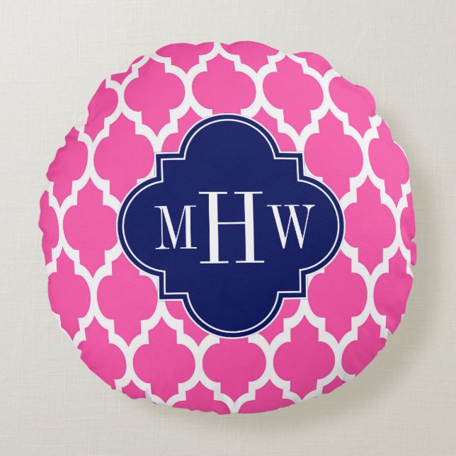 Coussins Ronds Rose Chaud #2 Blanc Marocain #4 Navy Monogramme Pr (Devant)