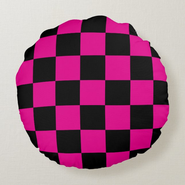 Coussins Ronds Rose Chaud et Damier Noir (Dos)