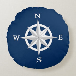 Coussins Ronds rose Compass 8 points, blanc et bleu marine