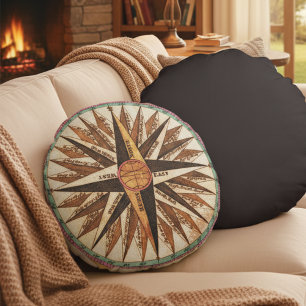 Coussins Ronds Rose des vents de compas nautique vintage en coton