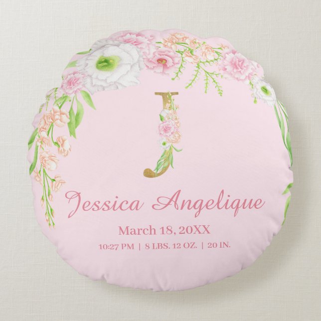 Coussins Ronds Rose Pâle Fleurs Monogramme Statistiques Bébé (Devant)