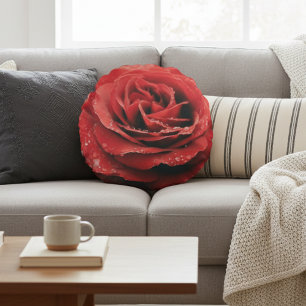Coussins Ronds Rose rouge avec gouttes de rosée