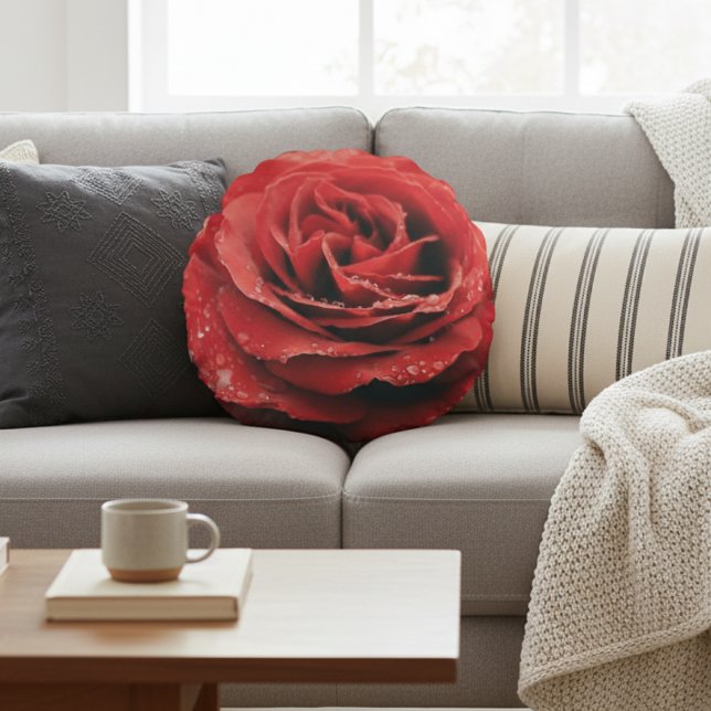 Coussins Ronds Rose rouge avec gouttes de rosée (Créateur téléchargé)