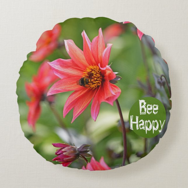 Coussins Ronds Rose & Rouge Dahlia Bee Happy Flowers Motivationne (Devant)