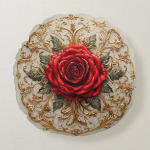 Coussins Ronds Rose Rouge Élégante avec Motif Floral Orné en Or