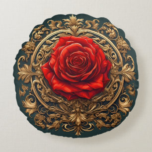 Coussins Ronds Rose rouge ornée avec cadre baroque doré