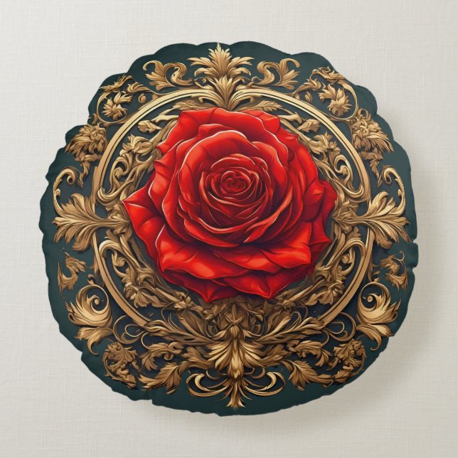 Coussins Ronds Rose rouge ornée avec cadre baroque doré (Devant)