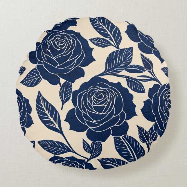Coussins Ronds Rose stylisé bleu et blanc cassé (Devant)