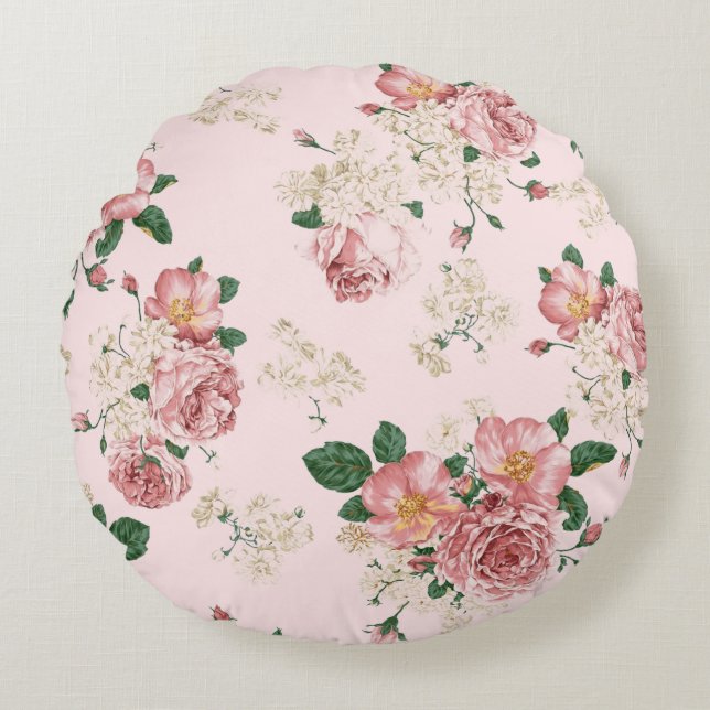 Coussins Ronds Rose sur rose Vintage floral  (Devant)