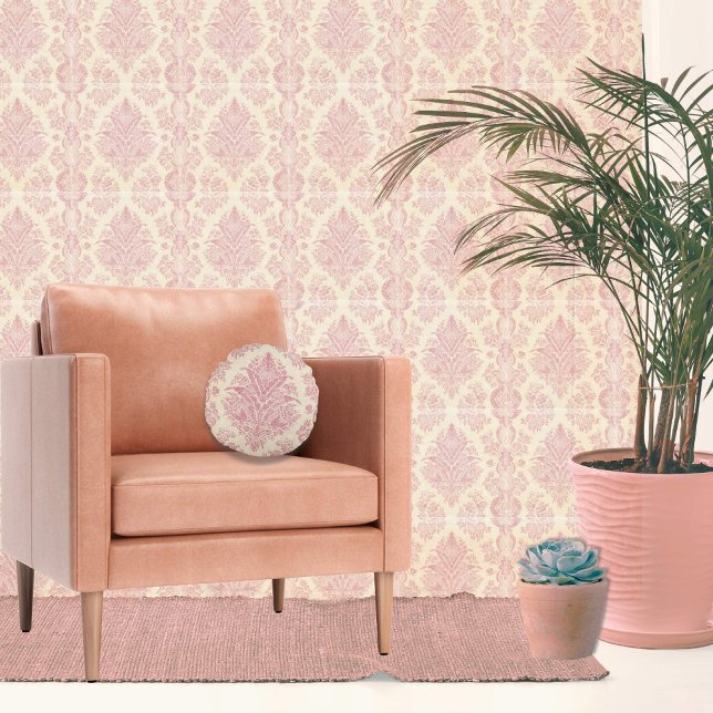 Coussins Ronds Rose vintage rose Damask (Pink damask pillow for a traditional interior)