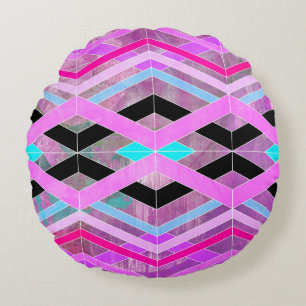 Coussins Ronds Rose violet et aqua géométrique croisillon rayures