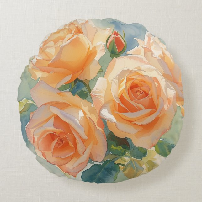 Coussins Ronds Roses Aquarelle Orange Impressionnisme  (Devant)