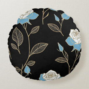 Coussins Ronds Roses bleues et blanches avec garniture or