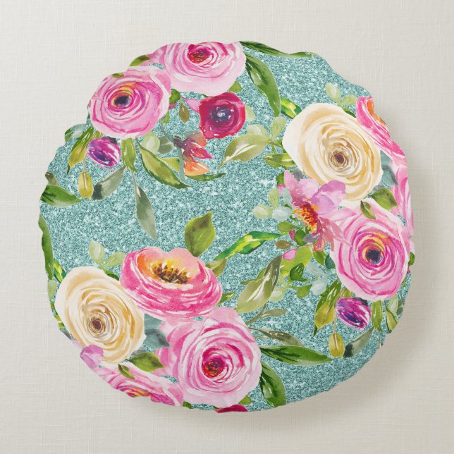 Coussins Ronds Roses d'aquarelle en Parties scintillant Aqua rose (Devant)