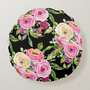 Coussins Ronds Roses d'aquarelle en rose et crème sur noir