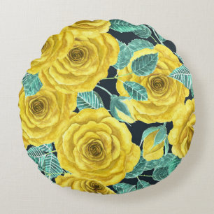 Coussins Ronds Roses d'aquarelle jaune avec feuilles et pattes de