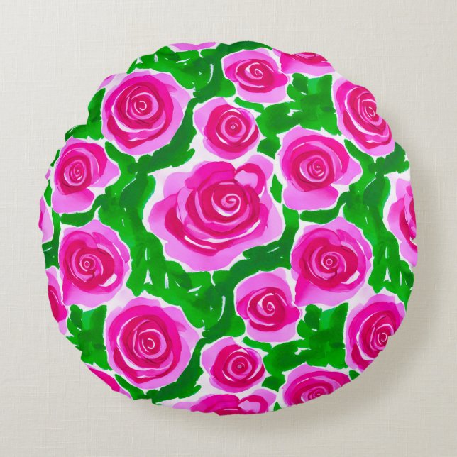 Coussins Ronds Roses d'aquarelle rose Fuchsia (Devant)