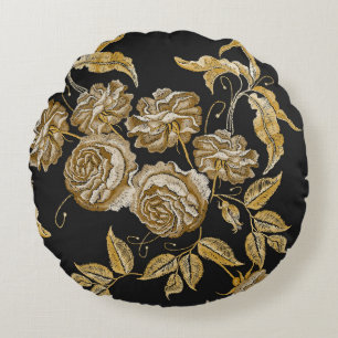 Coussins Ronds Roses d'or : Motif de broderie Vintage