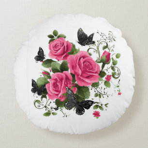 Coussins Ronds Roses et papillons, motif coloré,