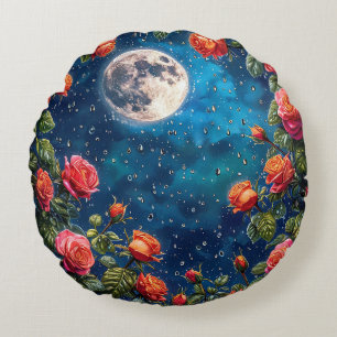 Coussins Ronds Roses Luxuriantes Encadrant une Pleine Lune dans u