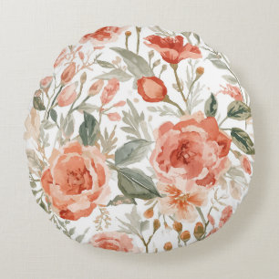 Coussins Ronds Roses oranges aquarelle botanique corail floral