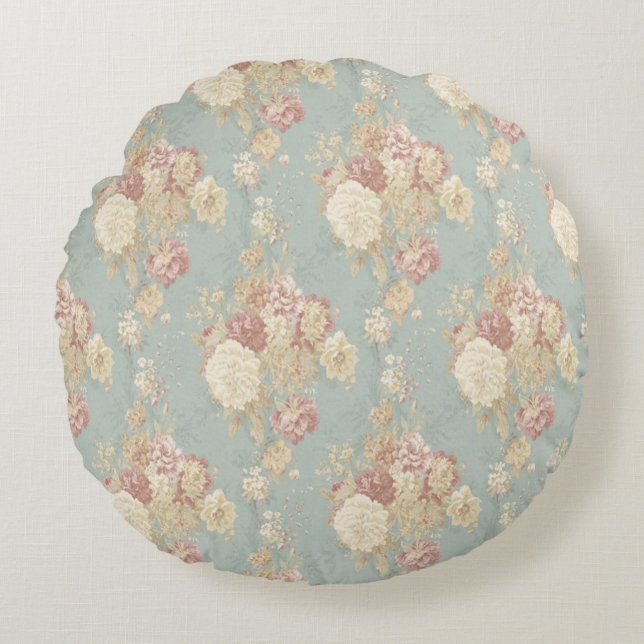 Coussins Ronds Roses rose et blanc sur fond bleu   (Devant)