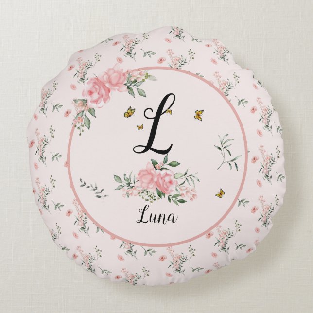 Coussins Ronds Roses roses élégantes avec papillons (Dos)