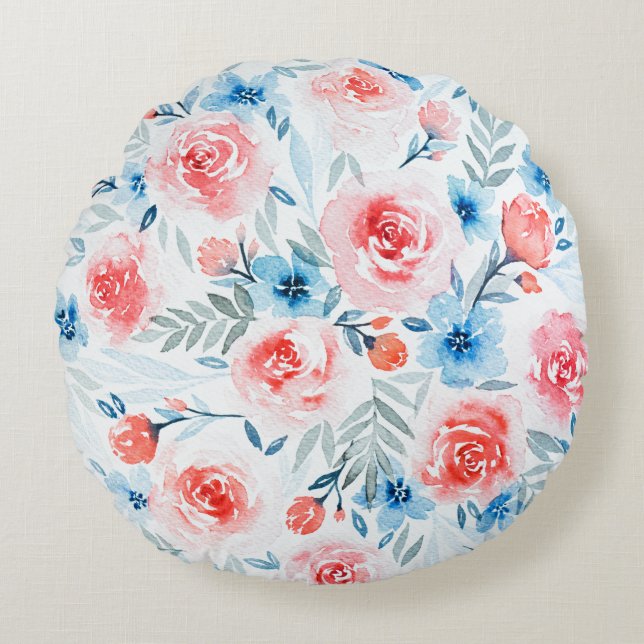 Coussins Ronds Roses Roses Roses Bleues Fleurs Aquarelle Motif Fl (Devant)