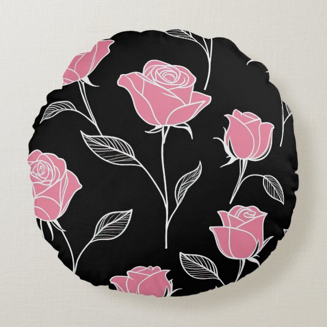 Coussins Ronds Roses roses roses sur noir (Devant)
