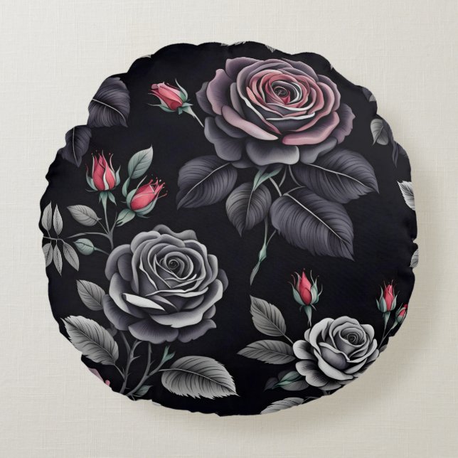 Coussins Ronds Roses Rouge Foncé Art Floral design (Devant)