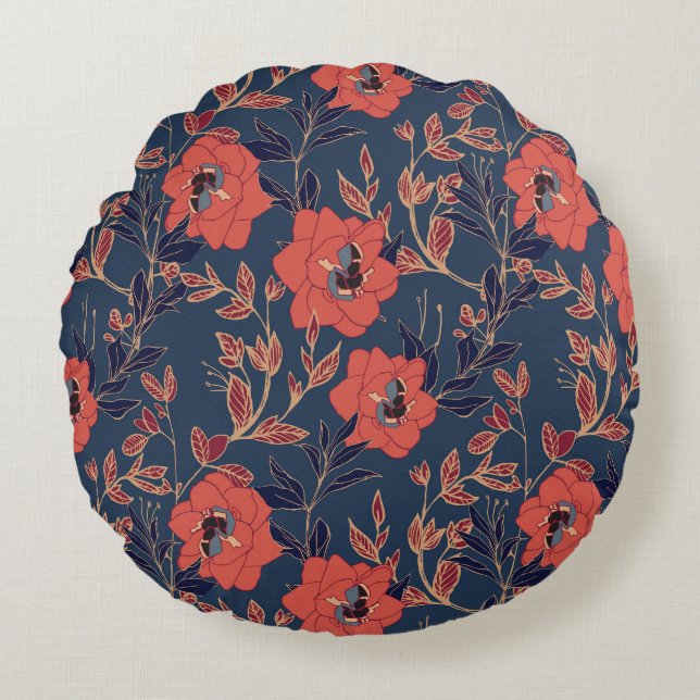 Coussins Ronds Roses rouges Peonies Arrière - plan foncé (Devant)