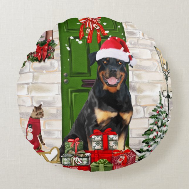 Coussins Ronds Rotweiler Chien Noël (Devant)