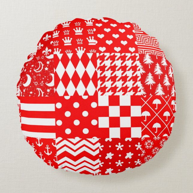 Coussins Ronds Rouge blanc Mixte Motif Patchwork Design (Devant)