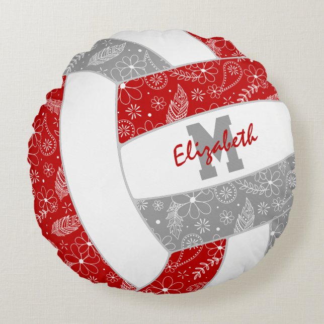 Coussins Ronds rouge gris filles boho plumes motif volleyball (Devant)