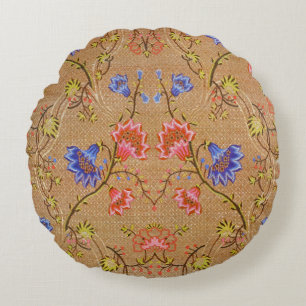 Coussins Ronds Rouge Impérial & Or Broderie Florale en Soie
