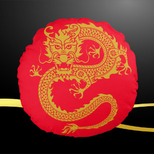 Coussins Ronds Rouge, or et noir, Dragon chinois Zodiac