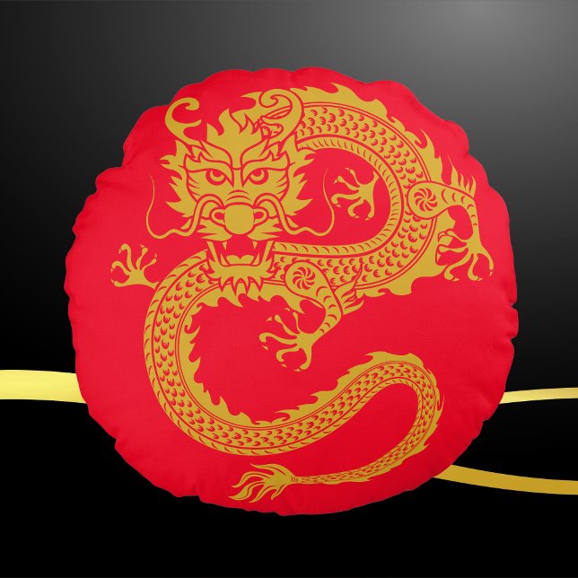 Coussins Ronds Rouge, or et noir, Dragon chinois Zodiac | (Créateur téléchargé)