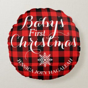 Coussins Ronds Rouge Plaid First Christmas Photo personnalisée po