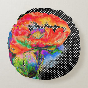Coussins Ronds Rouge Populaire floral aquarelle polka accent poin
